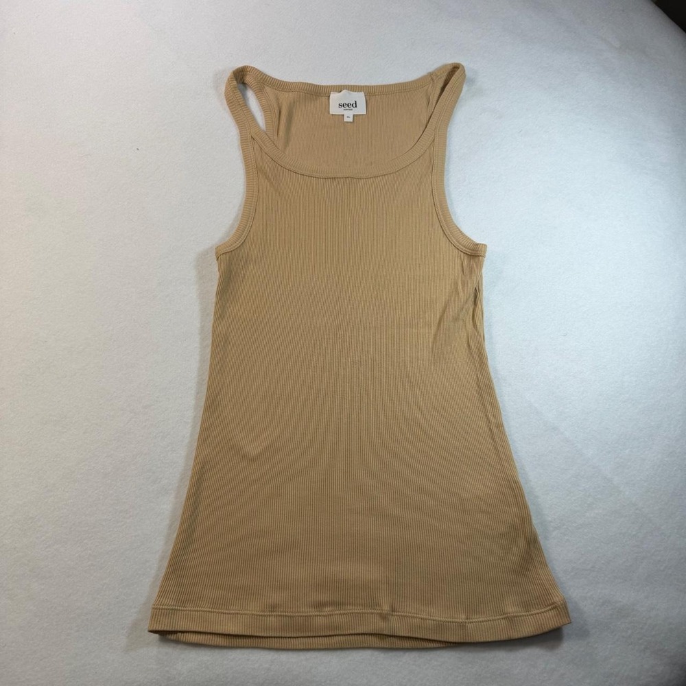 Seed Heritage Tan Ribbed Cotton Tank Top XL Neutral Minimalist Basic Scoop Neck